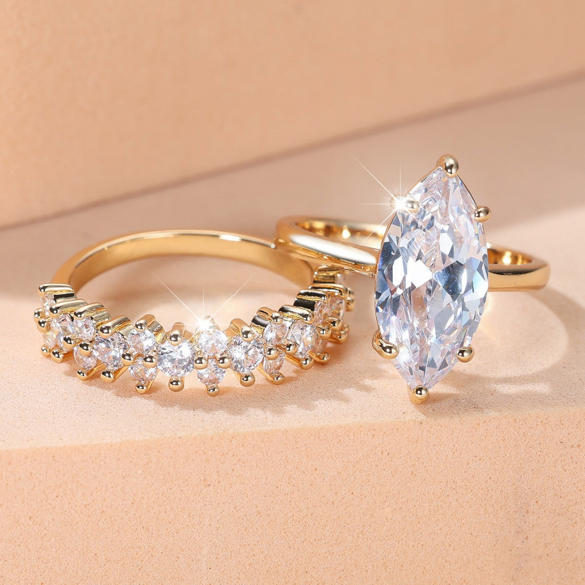 ''Elegant Marquise Cut White Stone Ring Set -Gold Plated ''