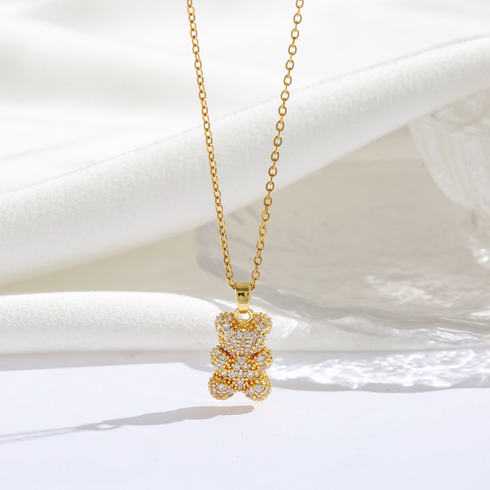 Sparkling Bear Pendant Necklace – Colorful Zircon Charm for Women