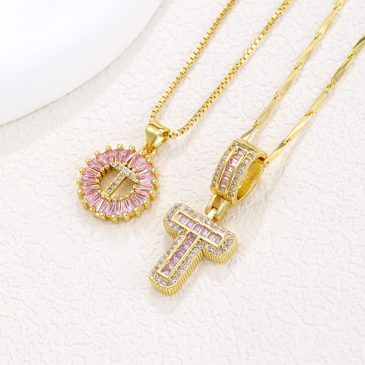Luxury Gold Initial Necklace with Pink Zirco