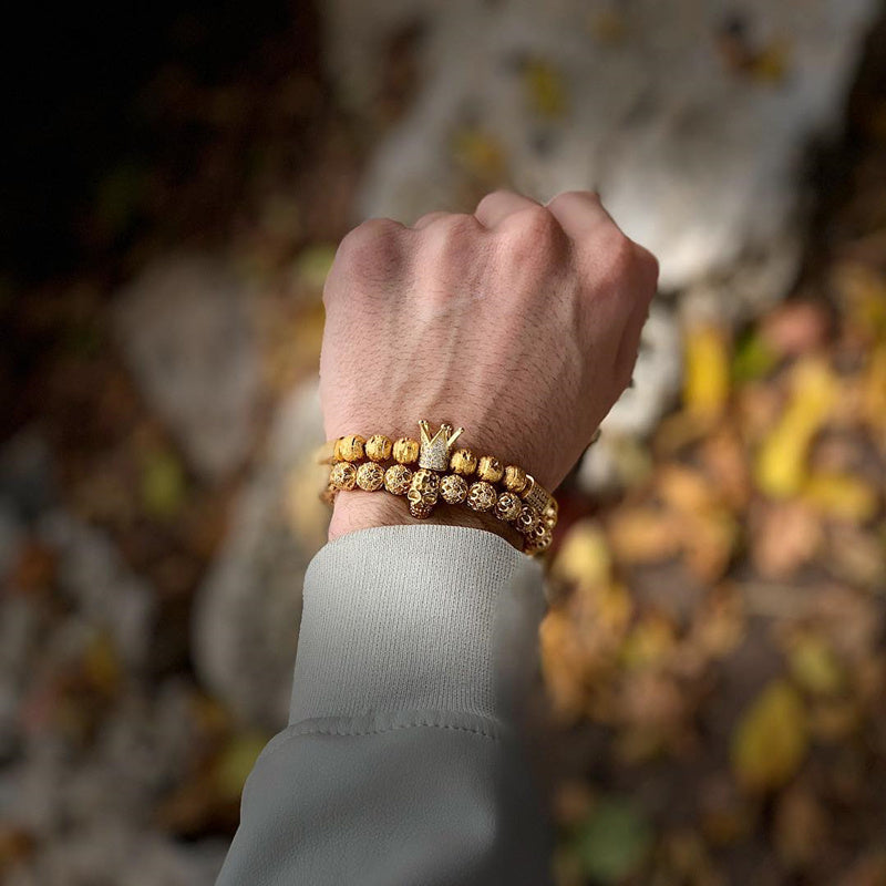 Men’s Luxury Crown Bracelet – Gold Macrame with Zircon Charms