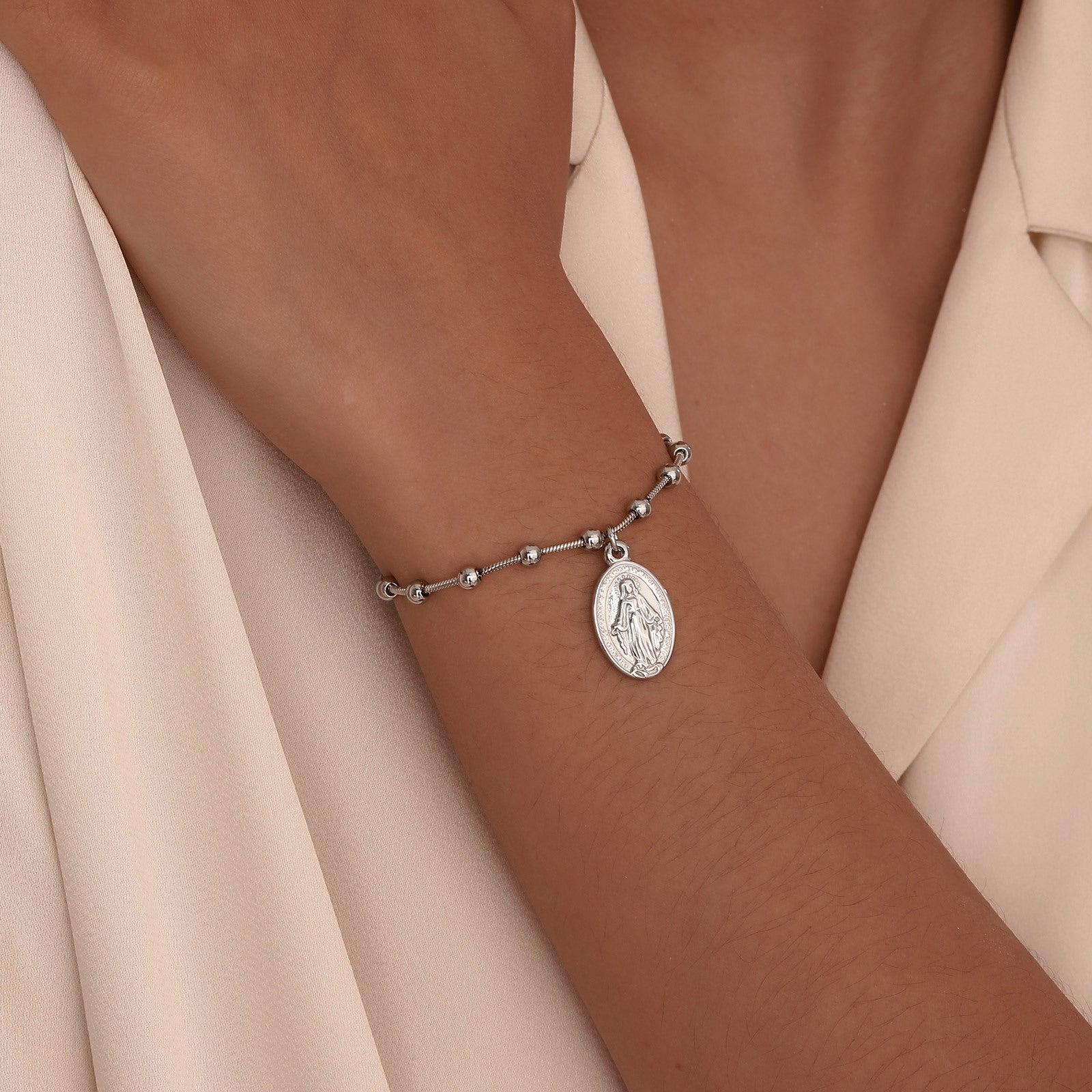 Virgin Mary & Cross Beaded Bracelet – Stainless Steel in Gold & Silver Tone
