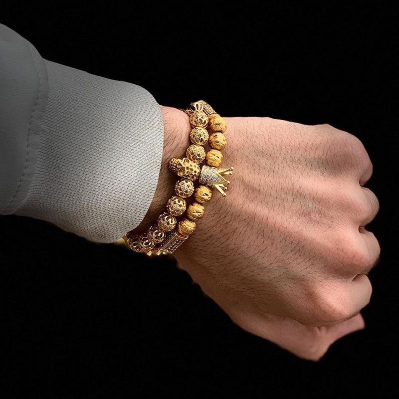Men’s Luxury Crown Bracelet – Gold Macrame with Zircon Charms