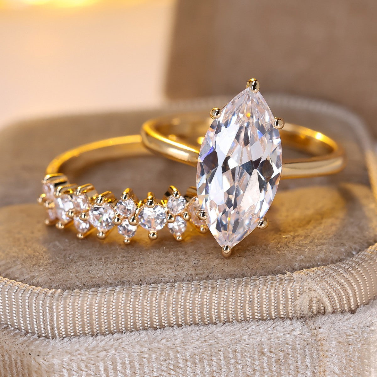 ''Elegant Marquise Cut White Stone Ring Set -Gold Plated ''
