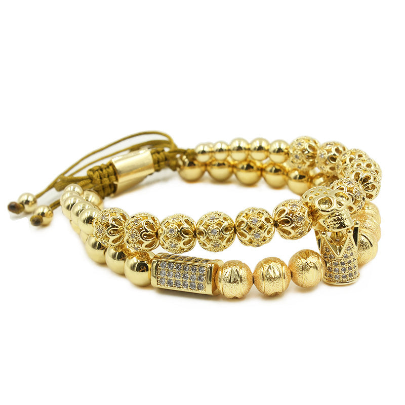 Men’s Luxury Crown Bracelet – Gold Macrame with Zircon Charms