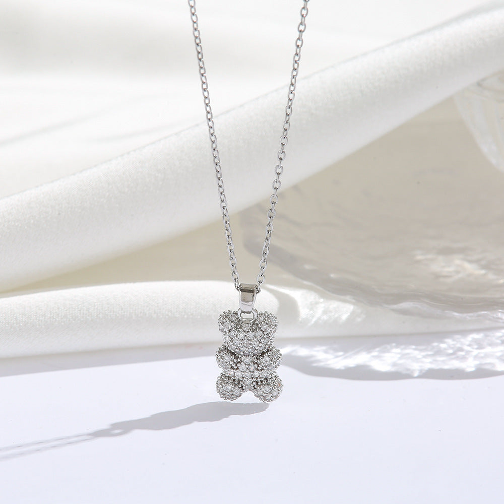 Sparkling Bear Pendant Necklace – Colorful Zircon Charm for Women