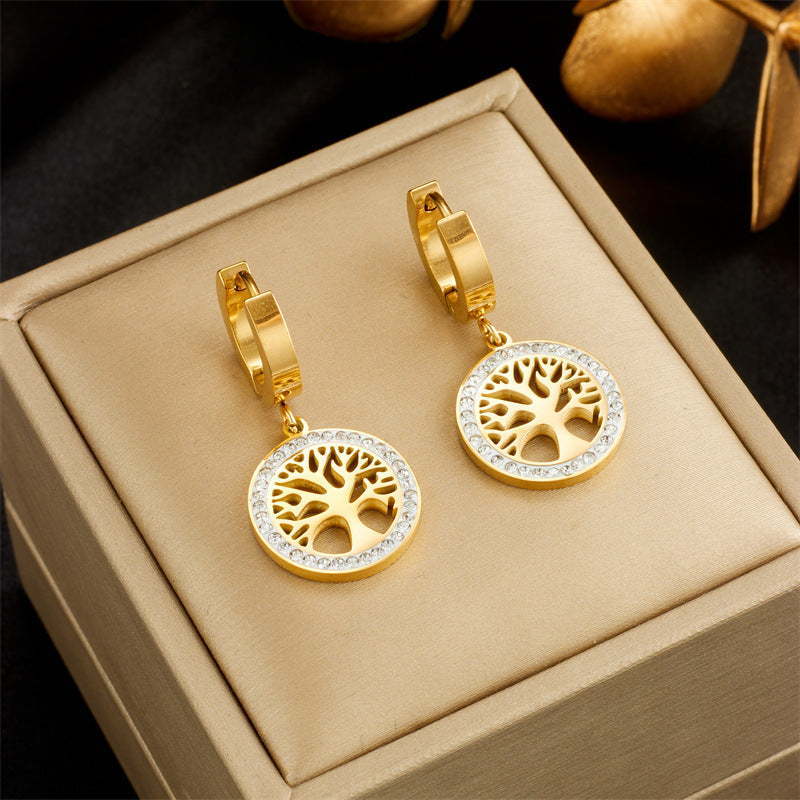 Gold Tree of Life Earrings with Diamond Accents – Elegant Symbolic Design