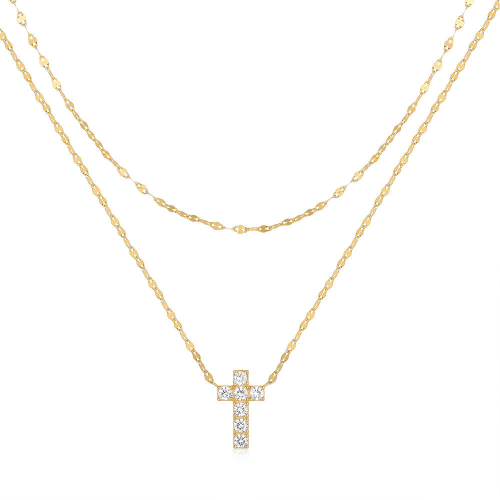 Double Layer Cross Necklace with Sparkling Stones – Gold & Silver