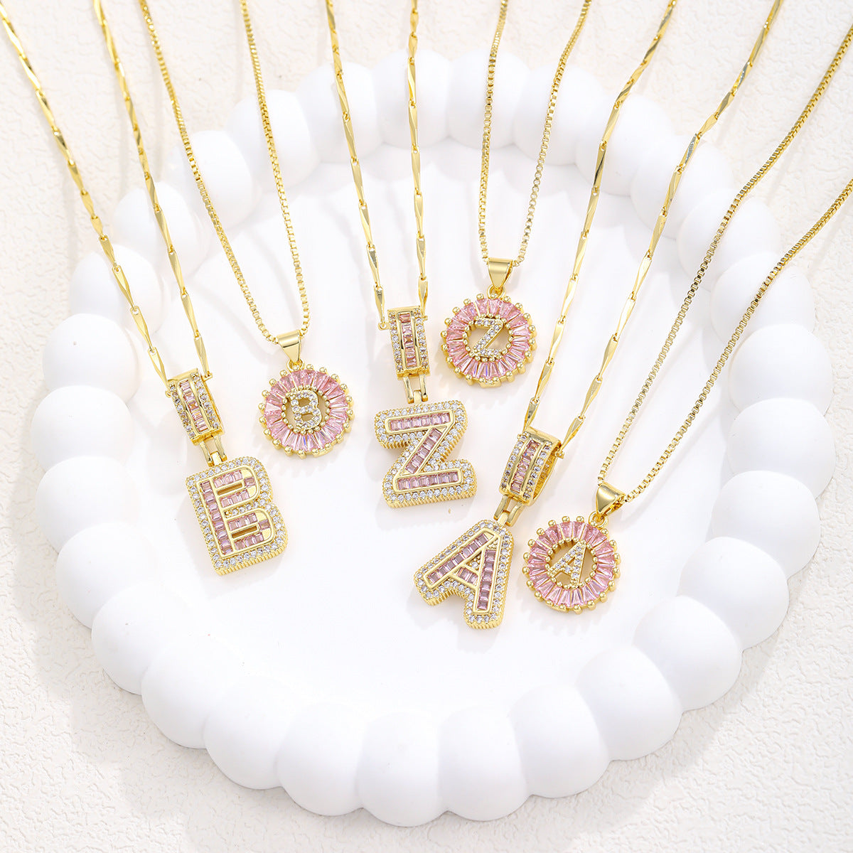 Luxury Gold Initial Necklace with Pink Zirco