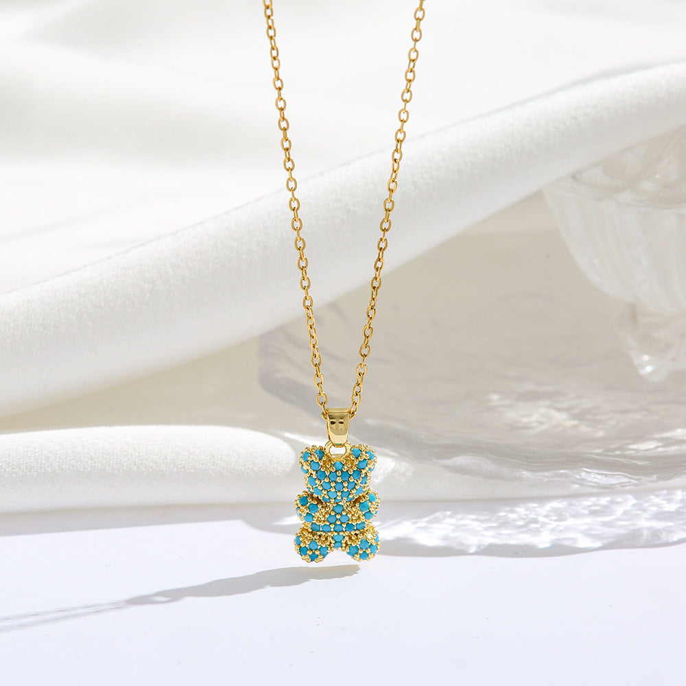Sparkling Bear Pendant Necklace – Colorful Zircon Charm for Women