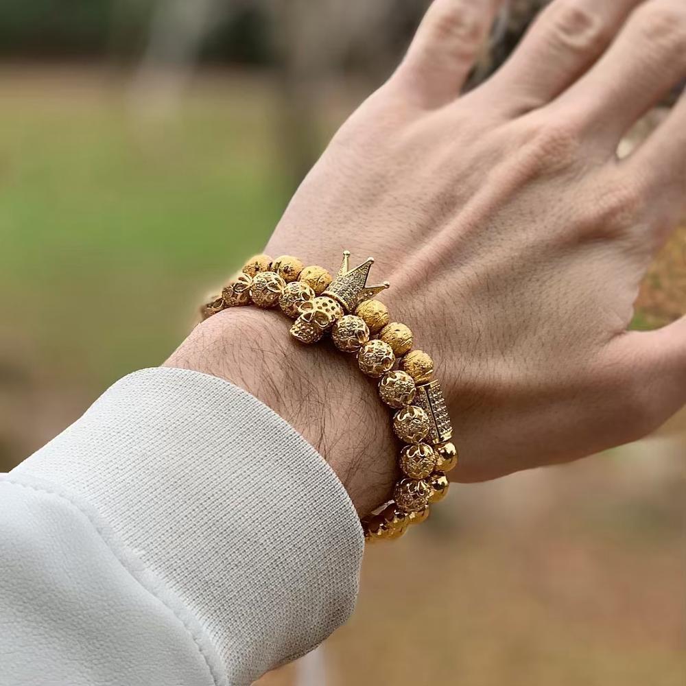 Men’s Luxury Crown Bracelet – Gold Macrame with Zircon Charms