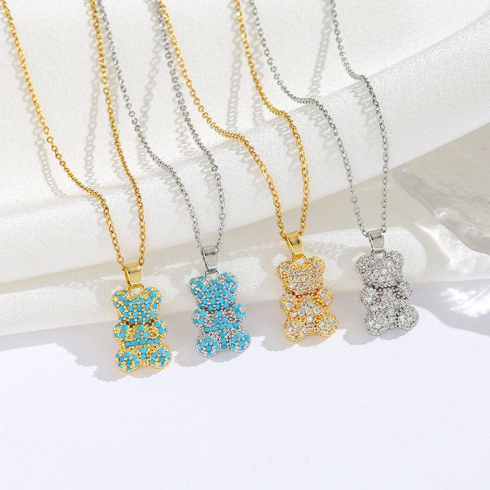 Sparkling Bear Pendant Necklace – Colorful Zircon Charm for Women