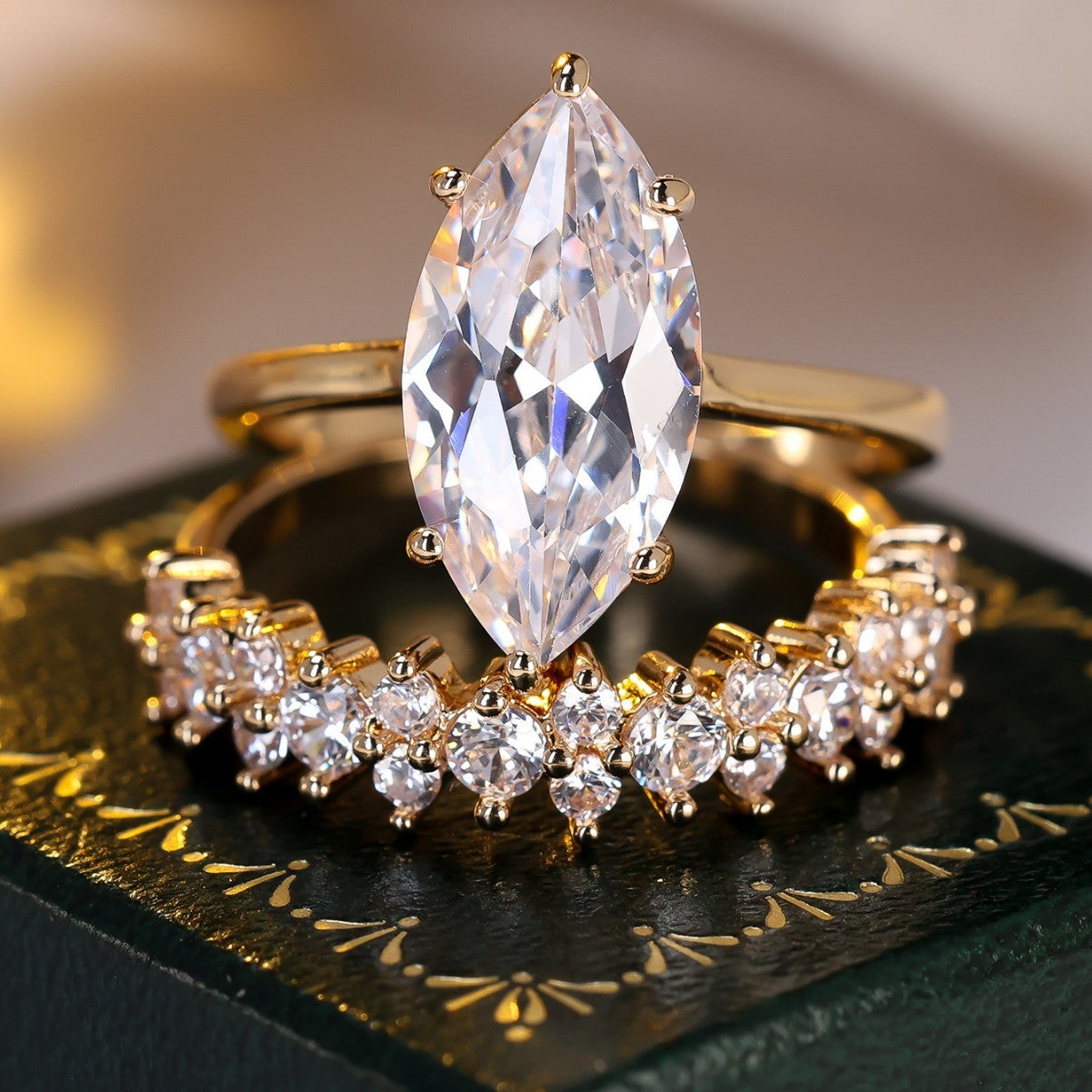 ''Elegant Marquise Cut White Stone Ring Set -Gold Plated ''