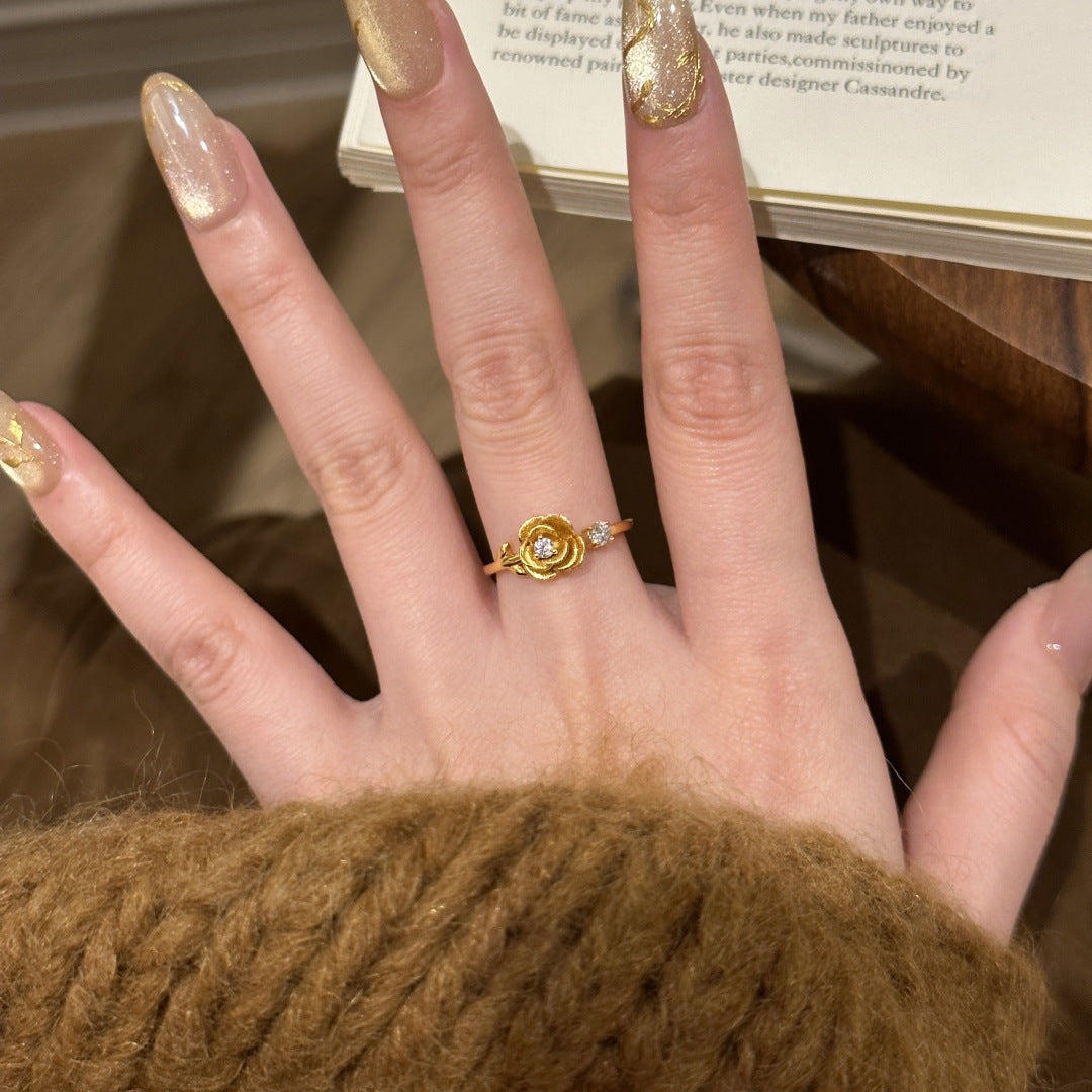 Gold Rose Flower Ring with Diamond Accent – Luxury Adjustable Design