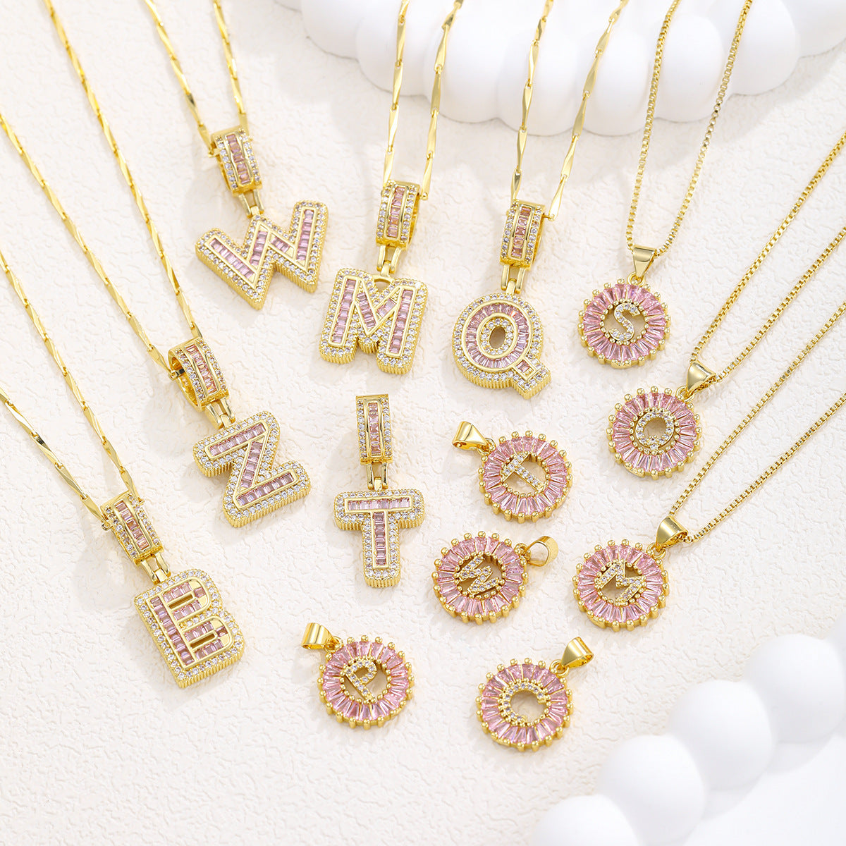 Luxury Gold Initial Necklace with Pink Zirco