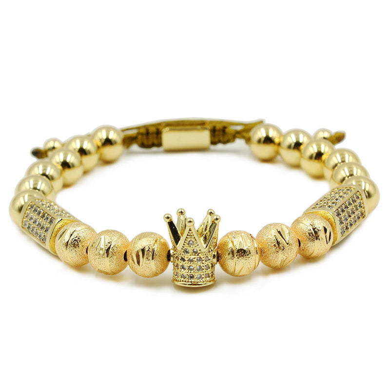 Men’s Luxury Crown Bracelet – Gold Macrame with Zircon Charms