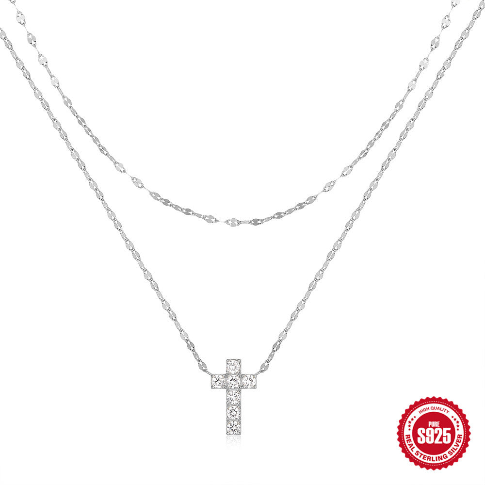 Double Layer Cross Necklace with Sparkling Stones – Gold & Silver
