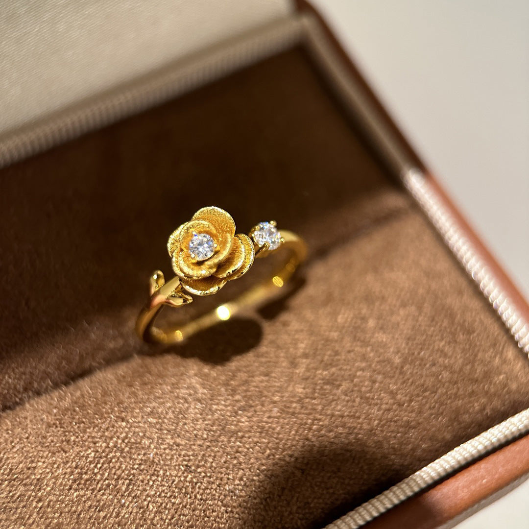 Gold Rose Flower Ring with Diamond Accent – Luxury Adjustable Design