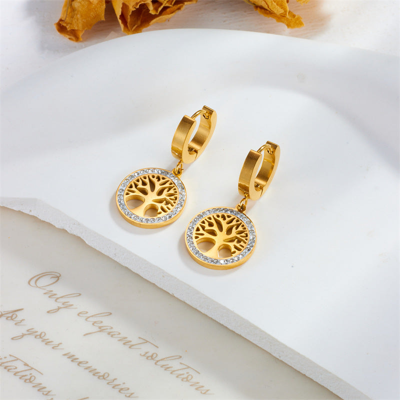 Gold Tree of Life Earrings with Diamond Accents – Elegant Symbolic Design