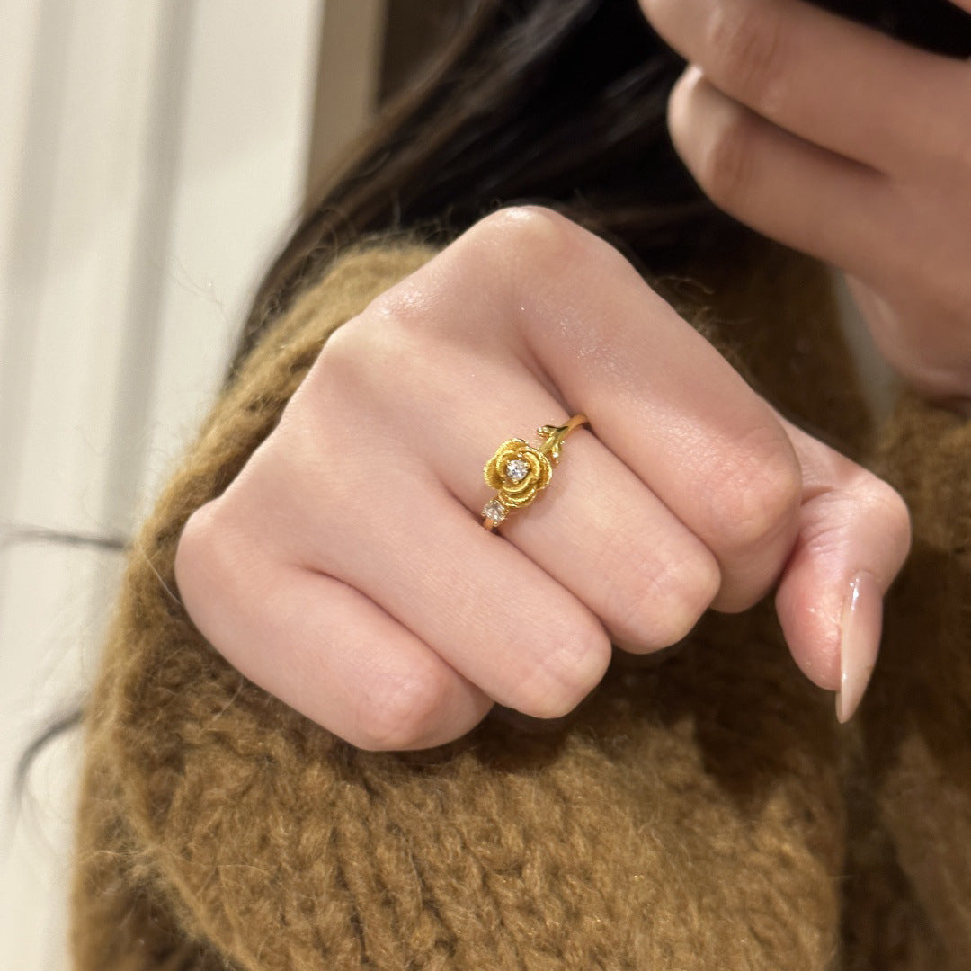 Gold Rose Flower Ring with Diamond Accent – Luxury Adjustable Design