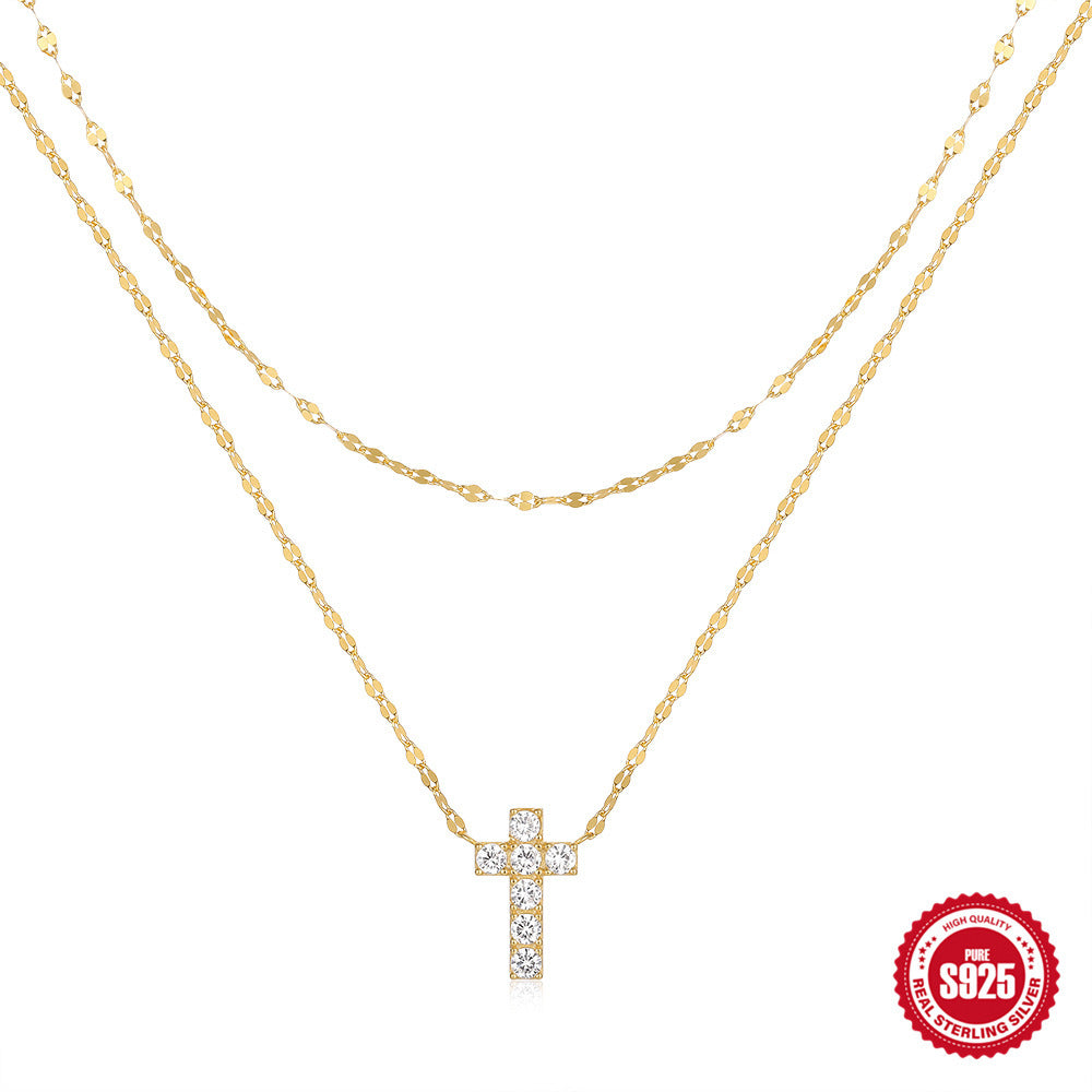 Double Layer Cross Necklace with Sparkling Stones – Gold & Silver