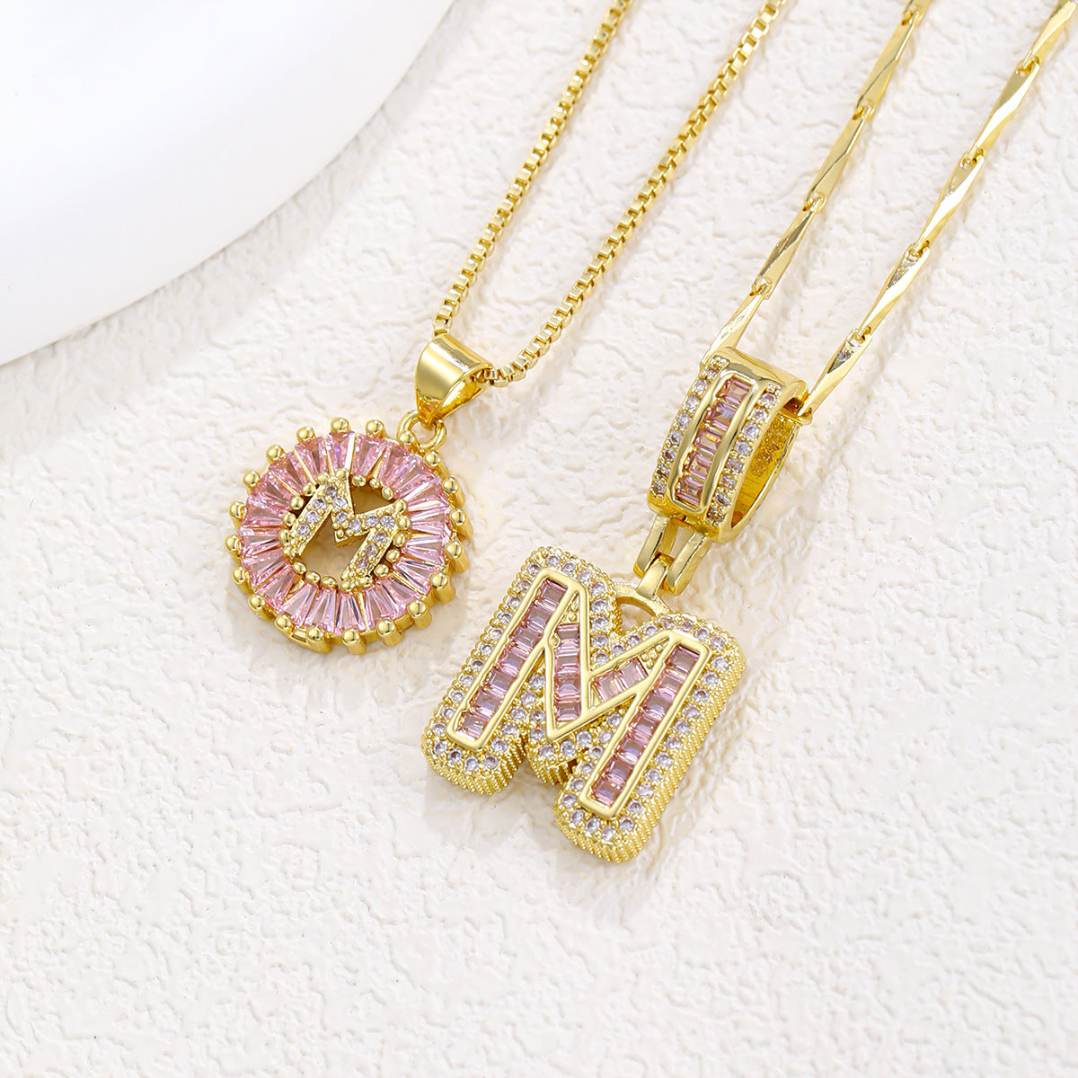 Luxury Gold Initial Necklace with Pink Zirco