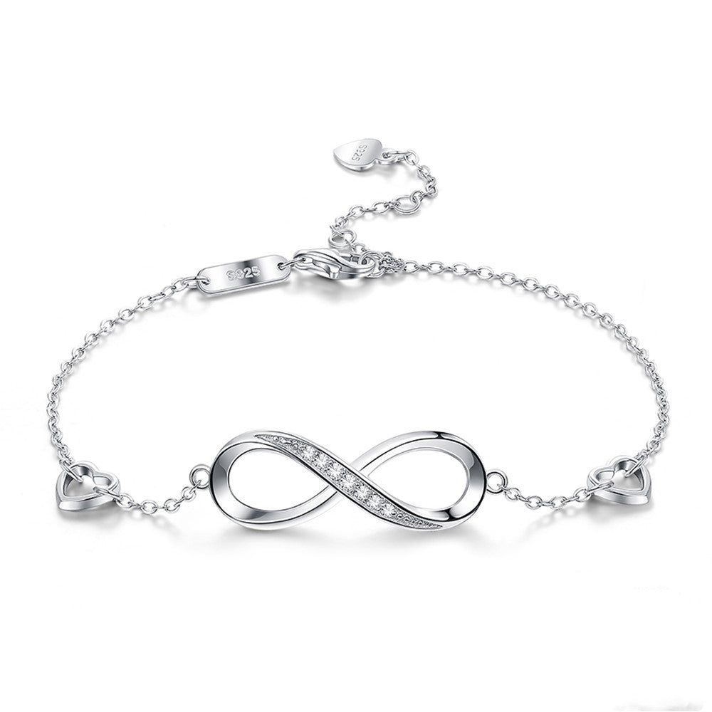 925 Sterling Silver Infinity Bracelet with Hearts and Zircon Stones