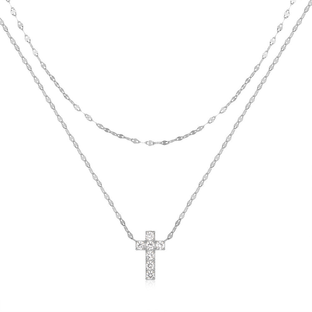 Double Layer Cross Necklace with Sparkling Stones – Gold & Silver