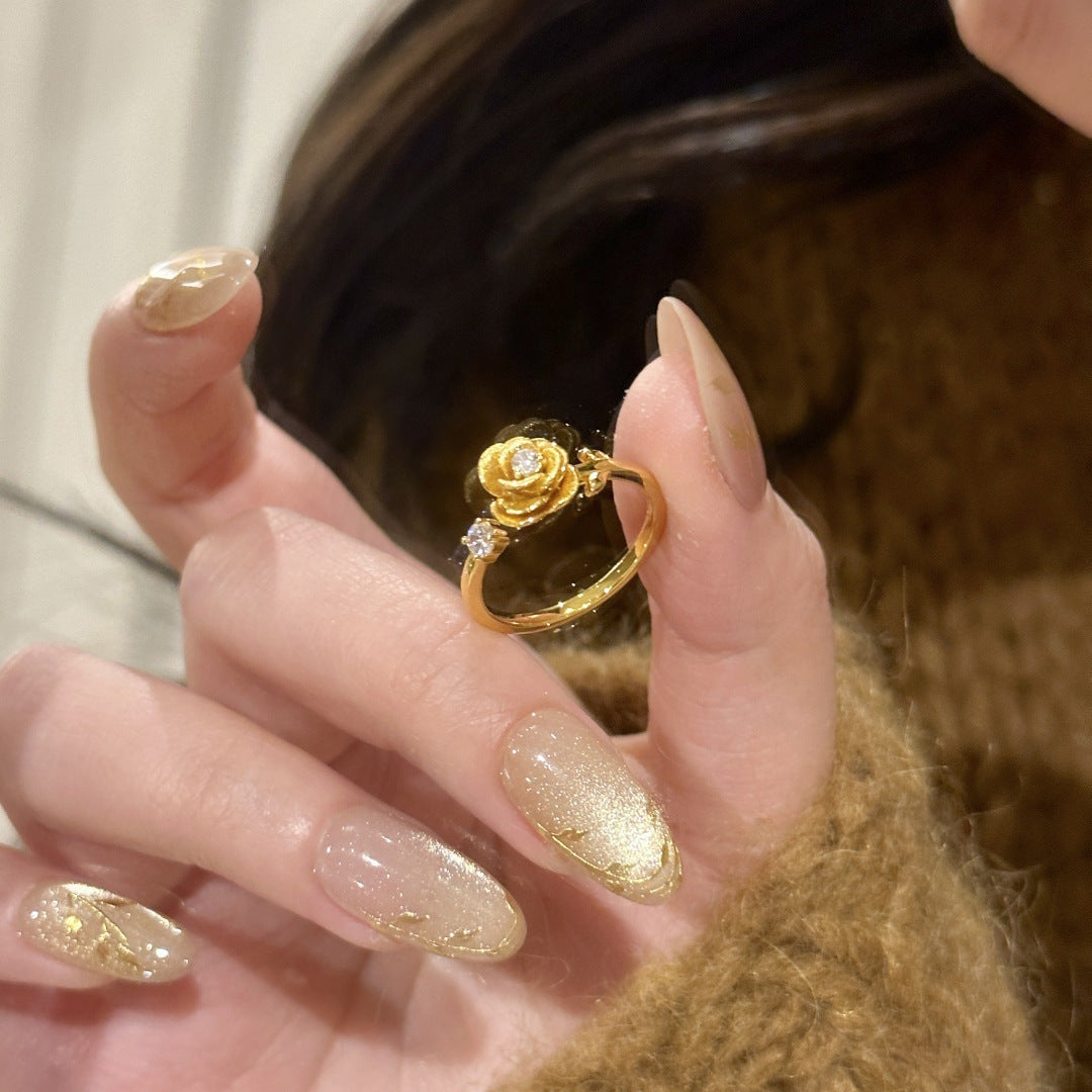 Gold Rose Flower Ring with Diamond Accent – Luxury Adjustable Design