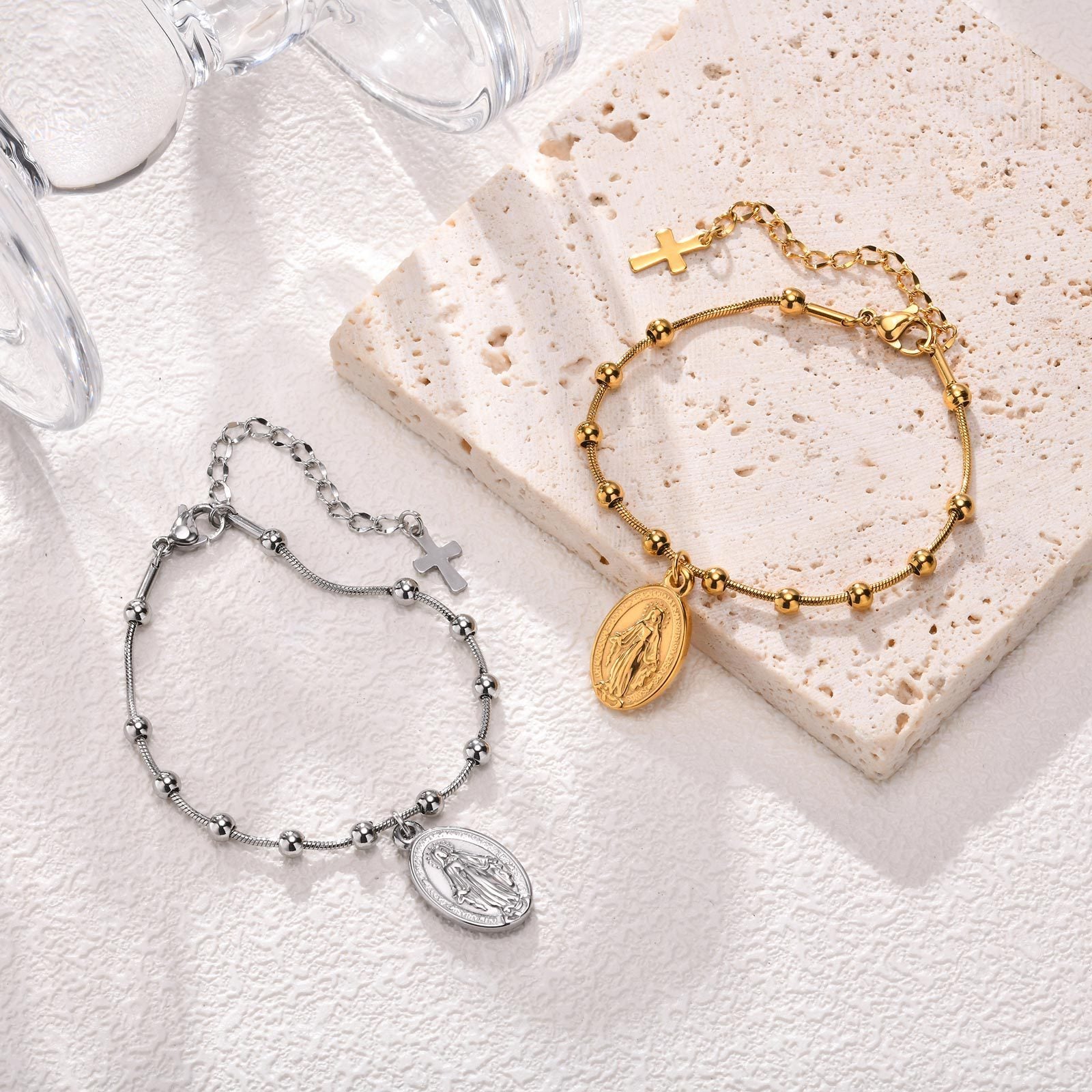 Virgin Mary & Cross Beaded Bracelet – Stainless Steel in Gold & Silver Tone