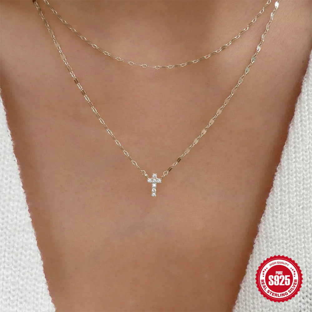 Double Layer Cross Necklace with Sparkling Stones – Gold & Silver