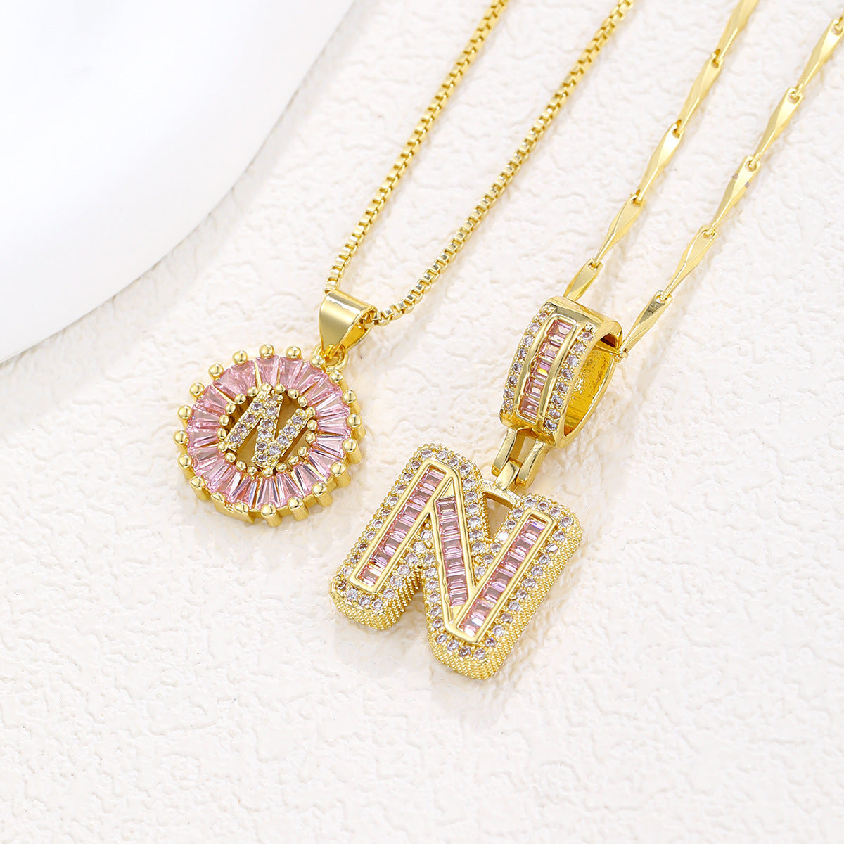 Luxury Gold Initial Necklace with Pink Zirco
