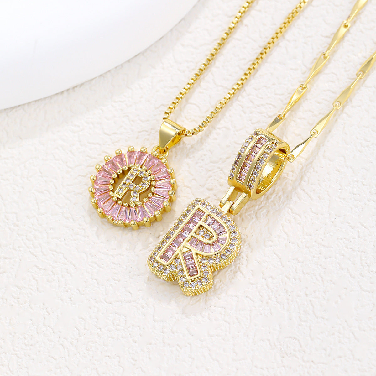 Luxury Gold Initial Necklace with Pink Zirco