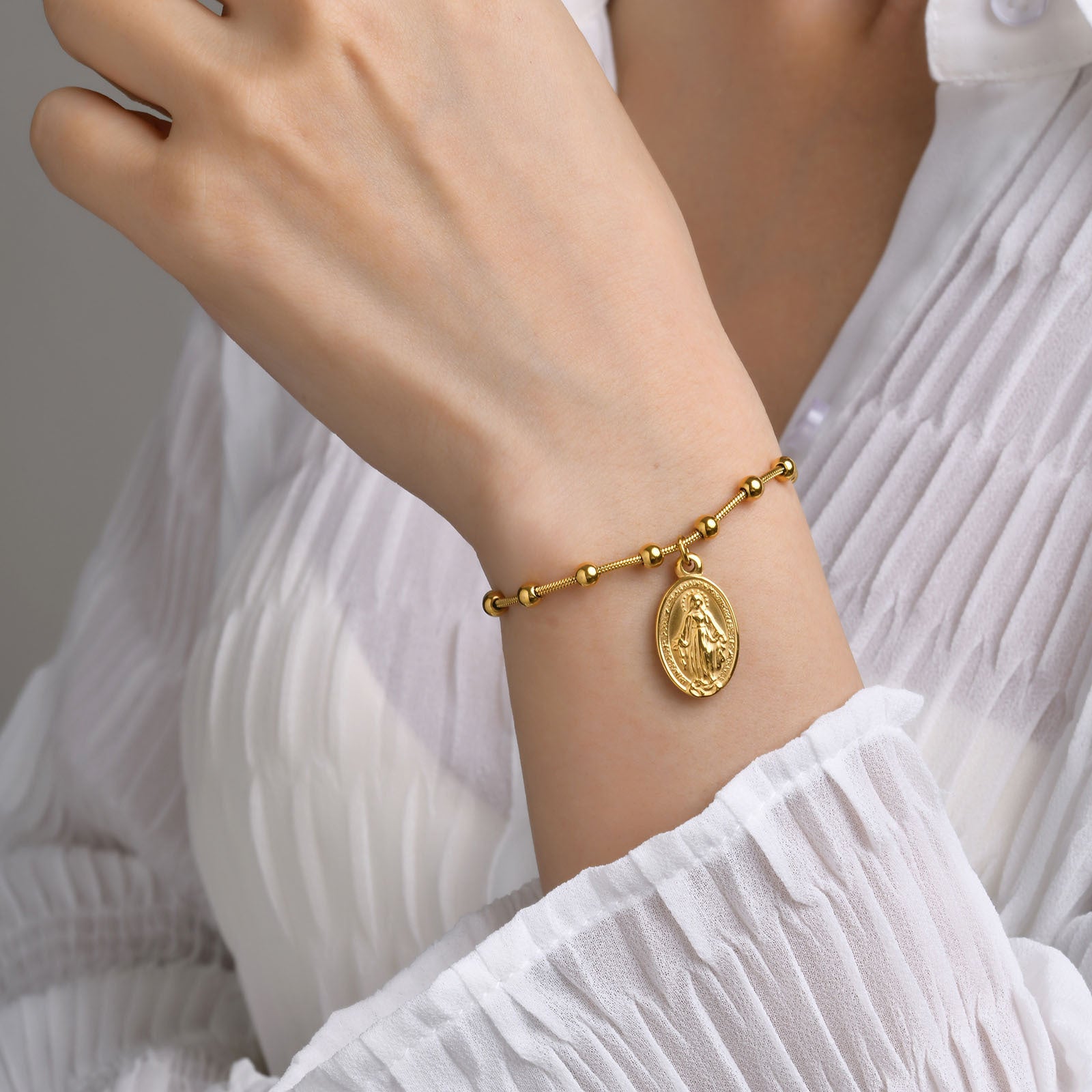Virgin Mary & Cross Beaded Bracelet – Stainless Steel in Gold & Silver Tone