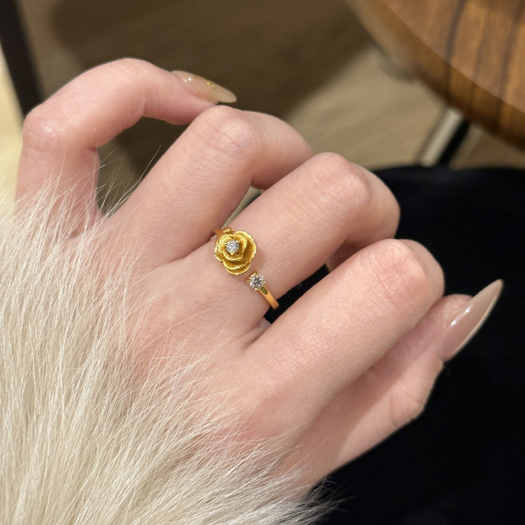 Gold Rose Flower Ring with Diamond Accent – Luxury Adjustable Design