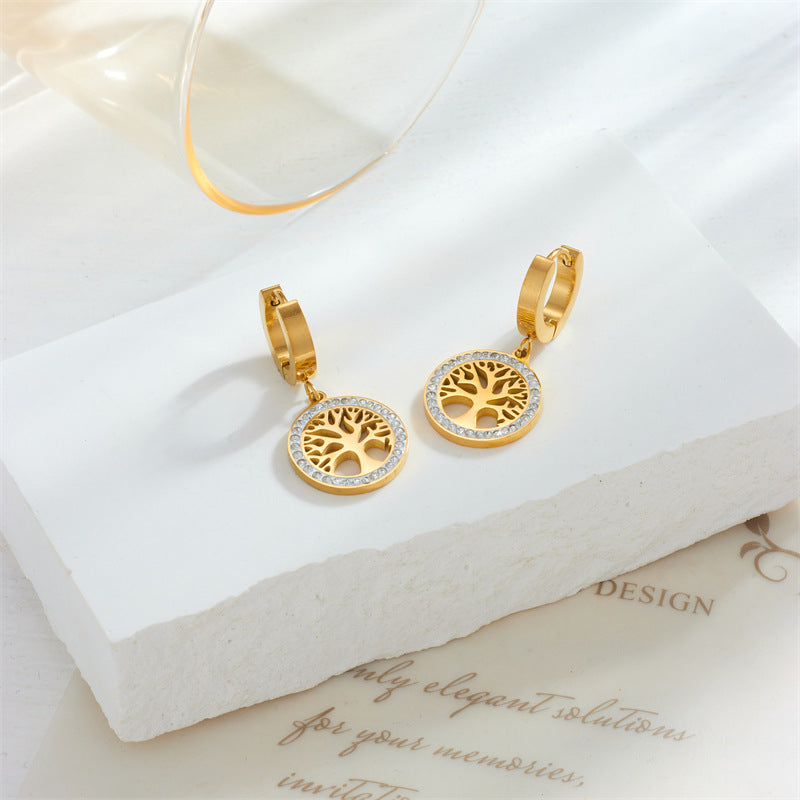 Gold Tree of Life Earrings with Diamond Accents – Elegant Symbolic Design