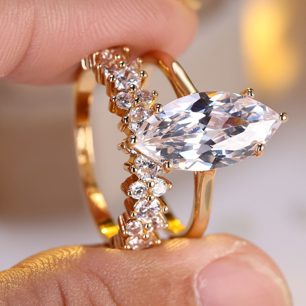 ''Elegant Marquise Cut White Stone Ring Set -Gold Plated ''