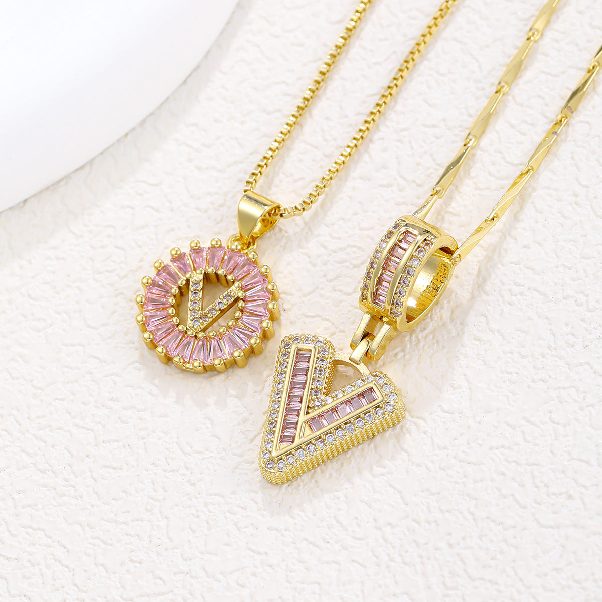 Luxury Gold Initial Necklace with Pink Zirco